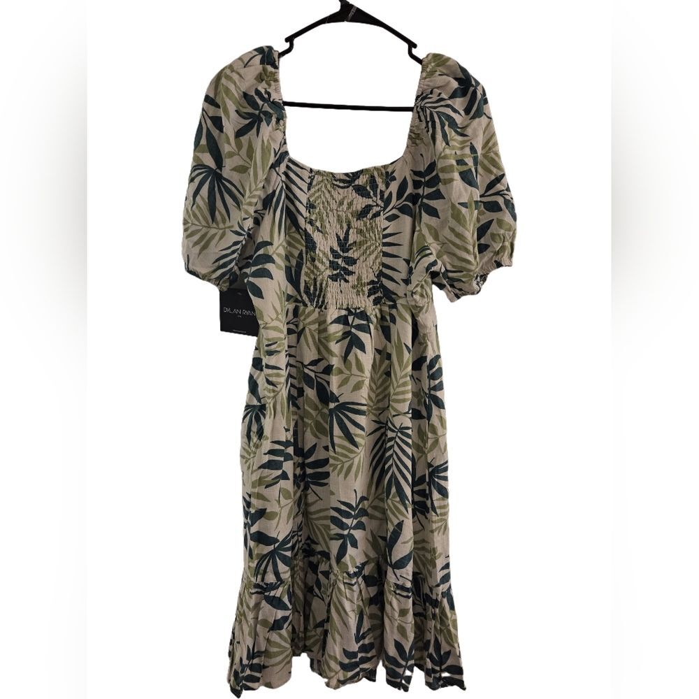 Macy's - Dylan Ryan NYC Leaf-Print Puff Sleeve Ruffle Hem Dress Size L NWT - Picture 2 of 5